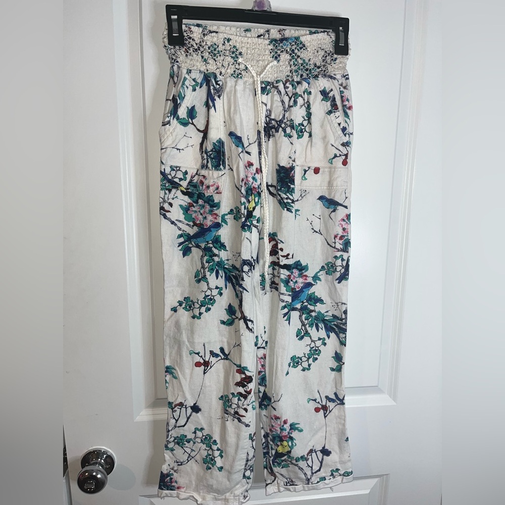 Westbound LinenRayon Blend LooseFit Bird Tree Floral Print Scrunched Pants Small